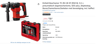 Einhell Elektrische Boorhamer TC-RH 28 3F - 1600 W voor €78,22 bij Amazon