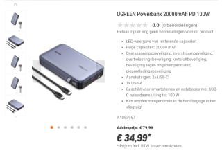 UGREEN Powerbank 20000mAh PD 100W voor 34,99 euro