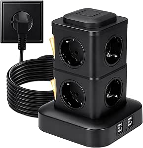 Torre Regleta Enchufes 8 Tomas AC y 4 USB Enchufe Multiple 2500W/10A por 16.99€