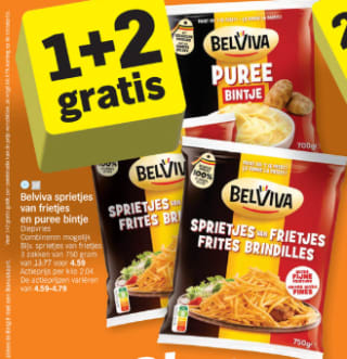 1+2 gratis op Belviva frieten en puree bij Albert Heijn