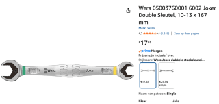 Dubbele steeksleutel Joker 10x13mm Wera voor €17,63 bij Amazon