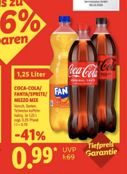 Coca‑Cola, Fanta of Sprite (1,25 L) voor €0,99 bij Lidl in Duitsland
