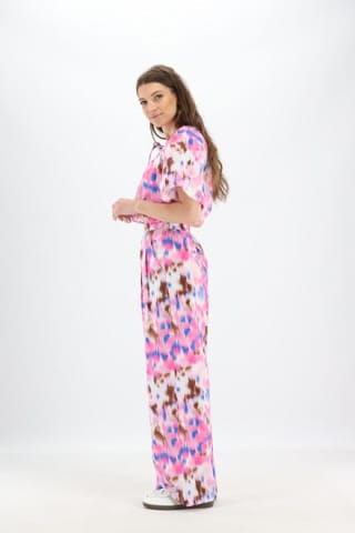Fuchsia/blauw/bruin wijde broek met blurred print voor €12 bij Bel&Bo