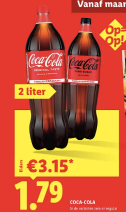 3-laags toiletpapier (20 rollen) voor €6,29, Coca‑Cola 2 liter voor €1,79 bij de Lidl