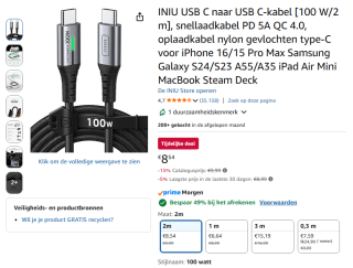 INIU USB C naar USB C-kabel [100 W/2 m] voor €4,35