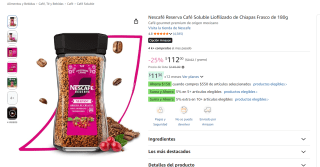 Nescafé Reserva Café Soluble Liofilizado de Chiapas (180g) por $76 en Amazon