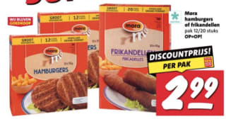 Mora hamburgers of frikandellen (1 pak, 12/20) voor €2,99 bij Nettorama