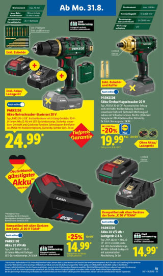 PARKSIDE Akku-Bohrschrauber Starterset 20 V (2 Ah) voor €24,99 bij Lidl Duitsland