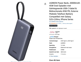 UGREEN Power Bank, 20000mAh 45W voor €27,99 bij Amazon