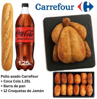 Pollo asado, 12 croquetas jamón, Coca‑Cola de 1,5 L y barra de pan por 11,95€