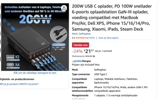 200W USB C oplader, PD 100W snellader 6-poorts oplaadstation voor €21,67 bij Amazon
