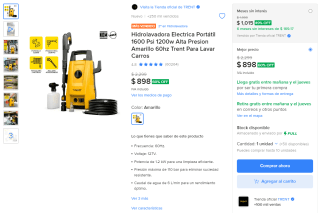 Hidrolavadora eléctrica portátil 1600 PSI 1200 W Trent por $898 en Mercado Libre