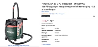 Metabo ASA 30 L PC Nat- en droogzuiger voor €175,90 bij Amazon