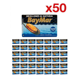 Pack 50 Latas Baymar Mejillones al natural 16/22 piezas, 115g por 46.99€