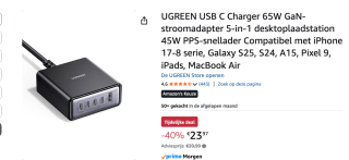 UGREEN 65W 5-Poorts GaN Desktop Snellader voor €23,97 bij Amazon
