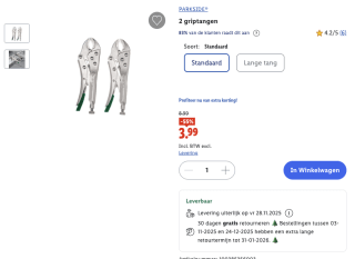Parkside 2 (lange) griptangen voor 3,99 euro