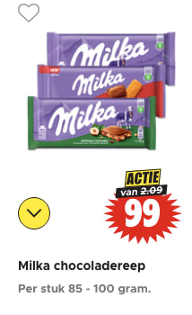 Alle Milka chocoladerepen voor €0,99 bij Dirk