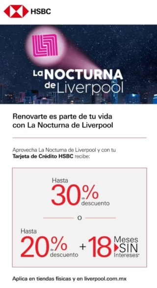 Hasta 30% de Ahorro con TDC HSBC | Liverpool La Nocturna