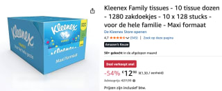 KLEENEX Familiepak 1280 - 10 x 128 stuks voor €12,98 bij Amazon