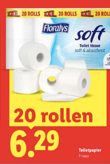 Floralys 20 rollen closetpapier voor €6,29 bij de Lidl