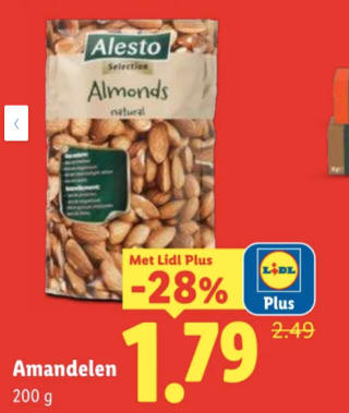 200 Gram Amandelen voor €1,79 met de Lidl plus app