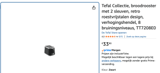 Tefal Collection TT7208 Broodrooster voor €33,90 bij Amazon