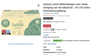 Zwitsal Lotion Billendoekjes - 24 x 65 stuks voor €28,47 bij Amazon