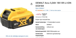 DEWALT Accu 5,0Ah 18V XR LI-ION DCB184 voor €55,99 bij Amazon