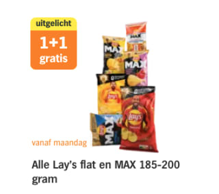 Alle Lay's flat en MAX 185-200 gram 1+1 gratis bij de AH