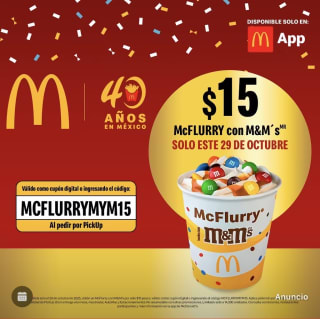 Cupón McDonald's: McFlurry M&M's por $15 en App