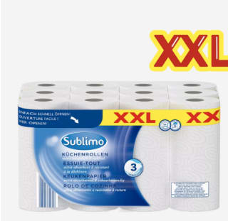 SUBLIMO 3-laags keukenpapier 12 rollen. voor €6,99 bij de Aldi