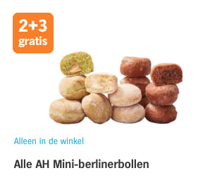 2+3 gratis op Alle AH Mini-berlinerbollen bij de Ah