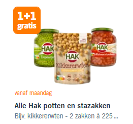Alle Hak potten en stazakken 1+1 gratis bij de AH