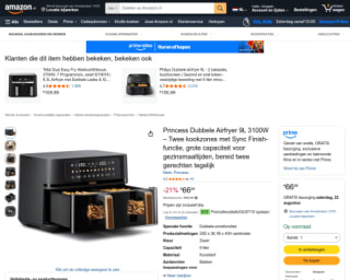 Princess Dubbele Airfryer 9L 3100W voor €66,99 bij Amazon