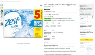 Zest Jabón Neutro Suave Barra, 90 g (5 piezas) por $48 en Amazon
