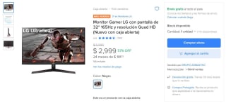 Monitor LG UltraGear 31.5'' Quad HD 165Hz por $2,749 | Mercado Libre