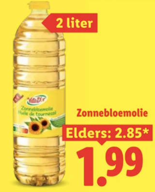 2 liter zonnebloemolie voor €1,99 bij de Lidl