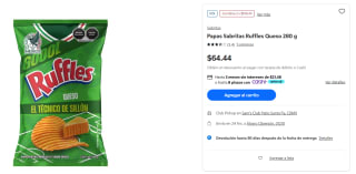Papas Sabritas Ruffles Queso 280g por $54 en Sam's Club