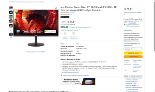 Monitor Gamer Acer Nitro 27" por $3,751 | Oferta Amazon