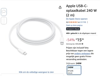 Apple USB‑C-oplaadkabel 240 W (2 m) voor €15,95 bij Amazon