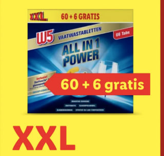 W5 All-in-1 vaatwastabletten XXL 60+6 gratis voor €3,52 bij de Lidl