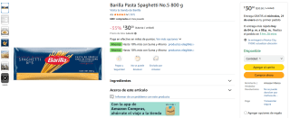 Barilla Spaghetti No.5 800g por $31 | Amazon