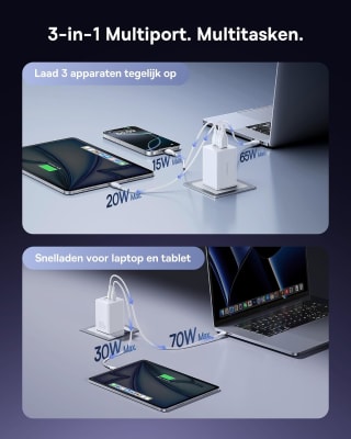 Baseus Enerfill USB C oplader (100 W, 3‑poorts) voor €29,99 bij Amazon