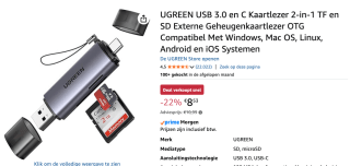 UGREEN USB 3.0 en C Kaartlezer 2-in-1 voor €8,35 bij Amazon