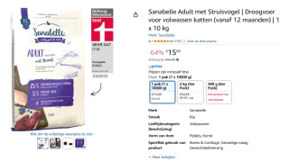 Sanabelle Adult met Struisvogel Kattenvoer 10 Kg voor €15,69 bij Amazon