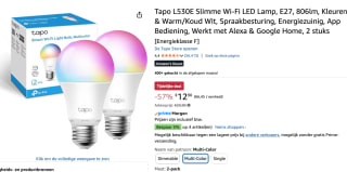 Tapo L530E Slimme Ledlamp E27- Grote Fitting- Wit & Kleur- WiFi- 2 pack voor €12,90