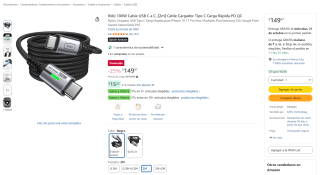 INIU 100W Cable USB C a C, 2 m por $150 en Amazon