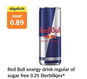 Red Bull energy drink regular of sugar free voor €0,89 bij de AH in Belgie