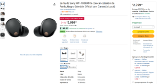 Sony WF-1000XM5 Negro por $2,999 | Amazon