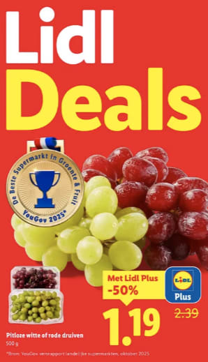 500 Gram Pitloze witte of rode druiven voor €1,19 met de Lidl plus app